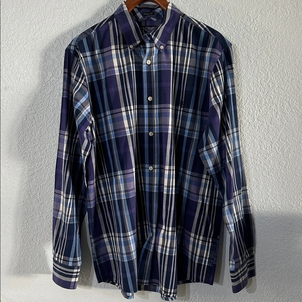 Chaps Men's Oxford Plaid Blue Purple Button down long sleeve Shirt 100% Cotton L
